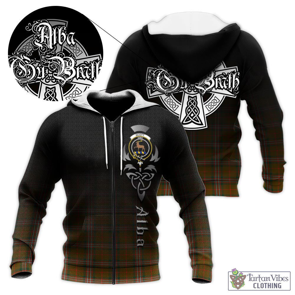Tartan Vibes Clothing Scott Brown Modern Tartan Knitted Hoodie Featuring Alba Gu Brath Family Crest Celtic Inspired