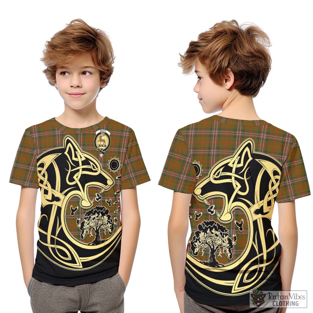 Tartan Vibes Clothing Scott Brown Modern Tartan Kid T-Shirt with Family Crest Celtic Wolf Style