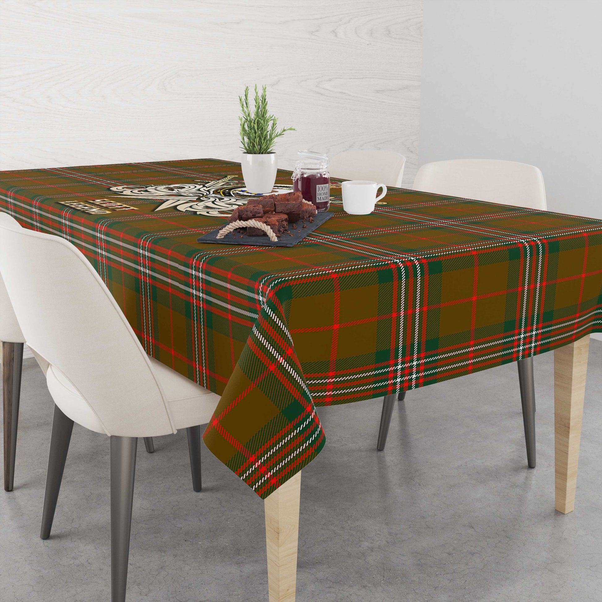 Tartan Vibes Clothing Scott Brown Modern Tartan Tablecloth with Clan Crest and the Golden Sword of Courageous Legacy