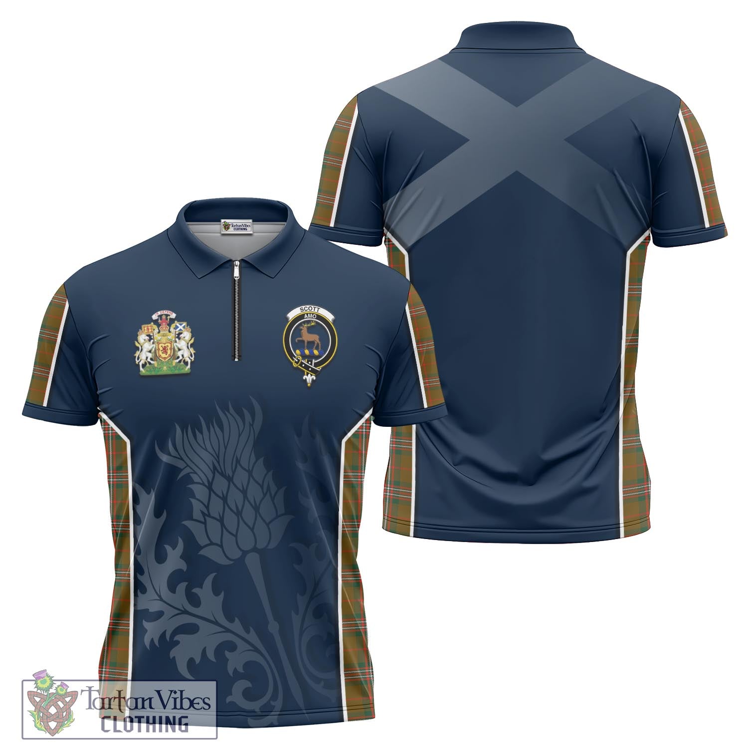 Tartan Vibes Clothing Scott Brown Modern Tartan Zipper Polo Shirt with Family Crest and Scottish Thistle Vibes Sport Style