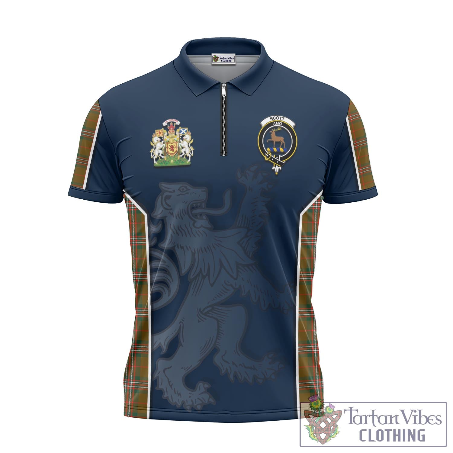 Tartan Vibes Clothing Scott Brown Modern Tartan Zipper Polo Shirt with Family Crest and Lion Rampant Vibes Sport Style