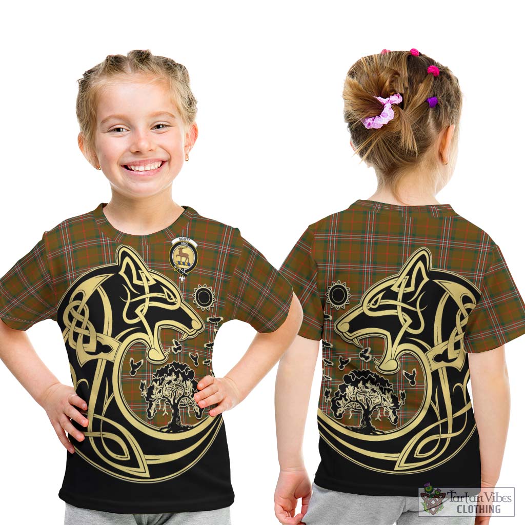 Tartan Vibes Clothing Scott Brown Modern Tartan Kid T-Shirt with Family Crest Celtic Wolf Style