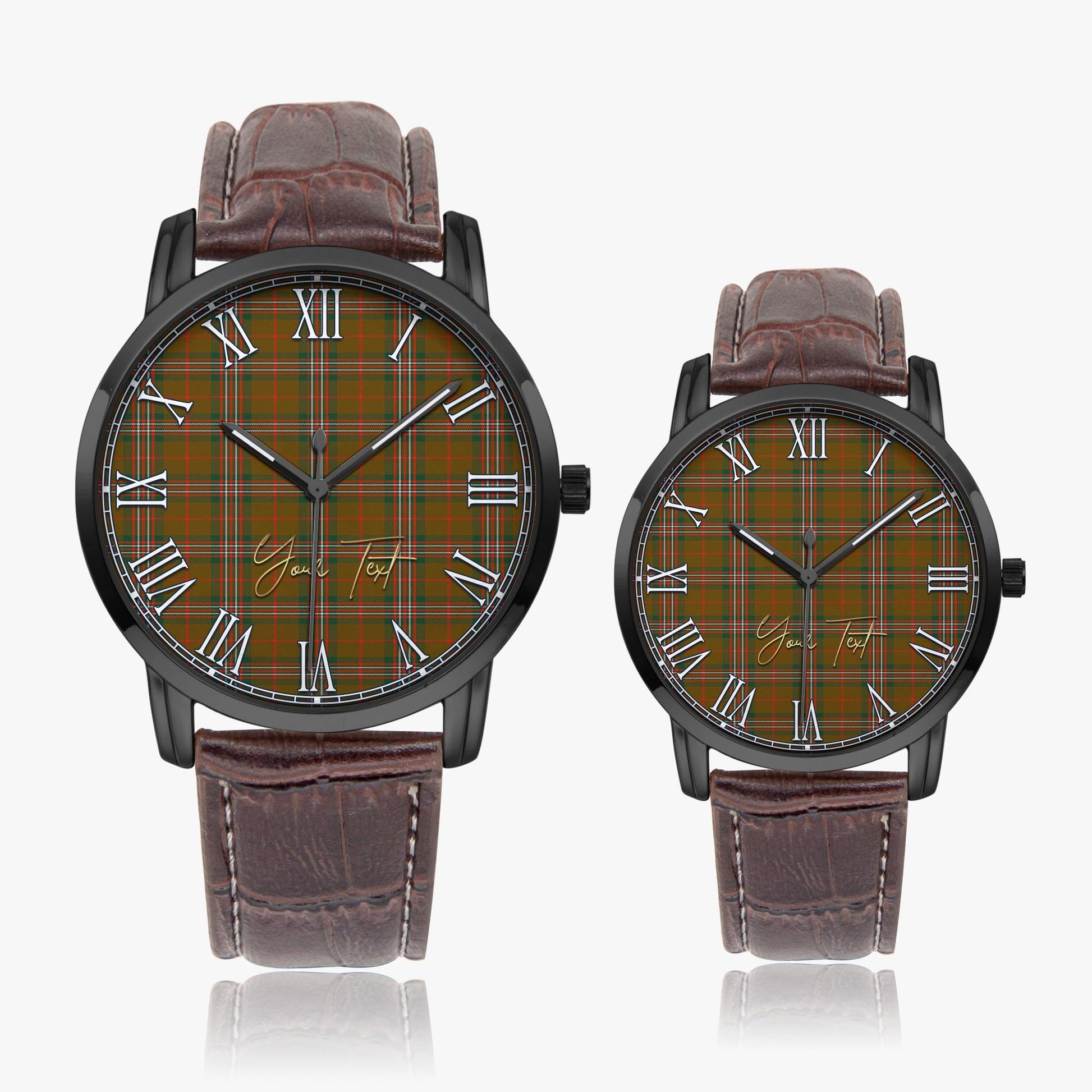 Scott Brown Modern Tartan Personalized Your Text Leather Trap Quartz Watch Wide Type Black Case With Brown Leather Strap - Tartanvibesclothing