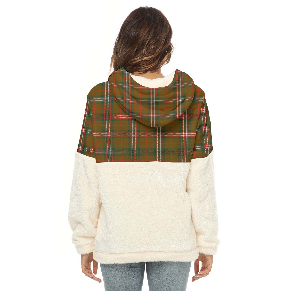 scott-brown-modern-tartan-womens-borg-fleece-hoodie-with-half-zip-with-family-crest