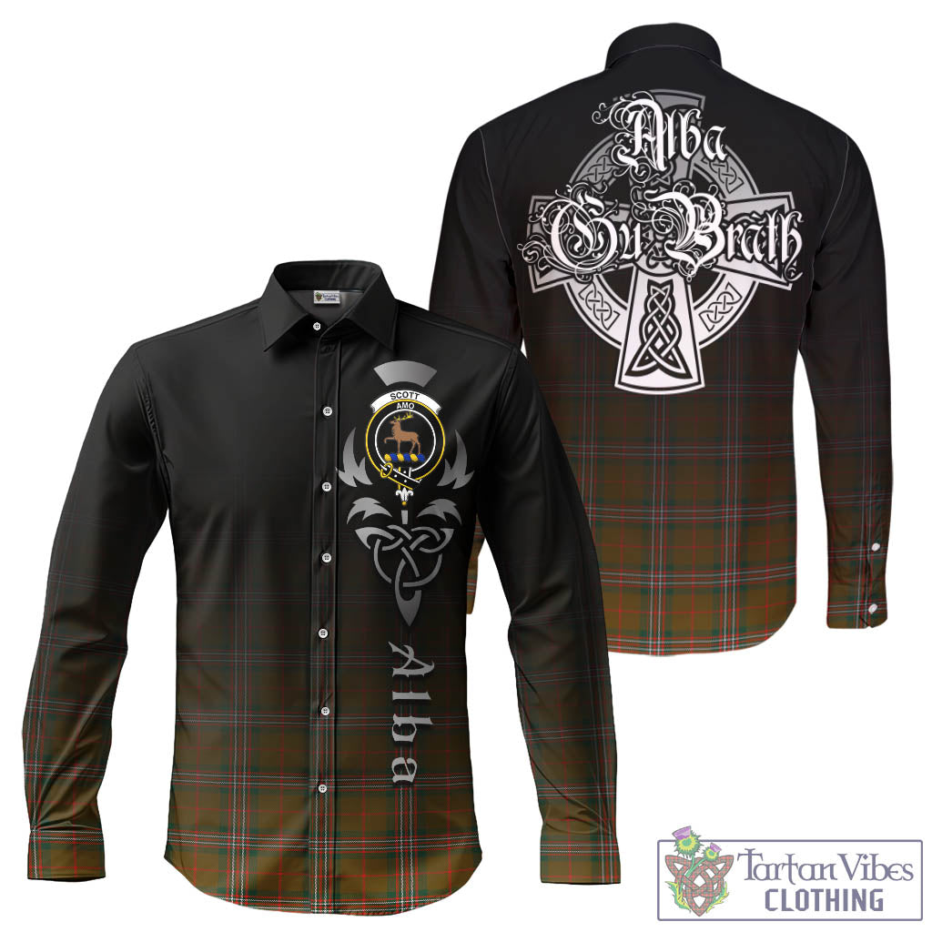 Tartan Vibes Clothing Scott Brown Modern Tartan Long Sleeve Button Up Featuring Alba Gu Brath Family Crest Celtic Inspired
