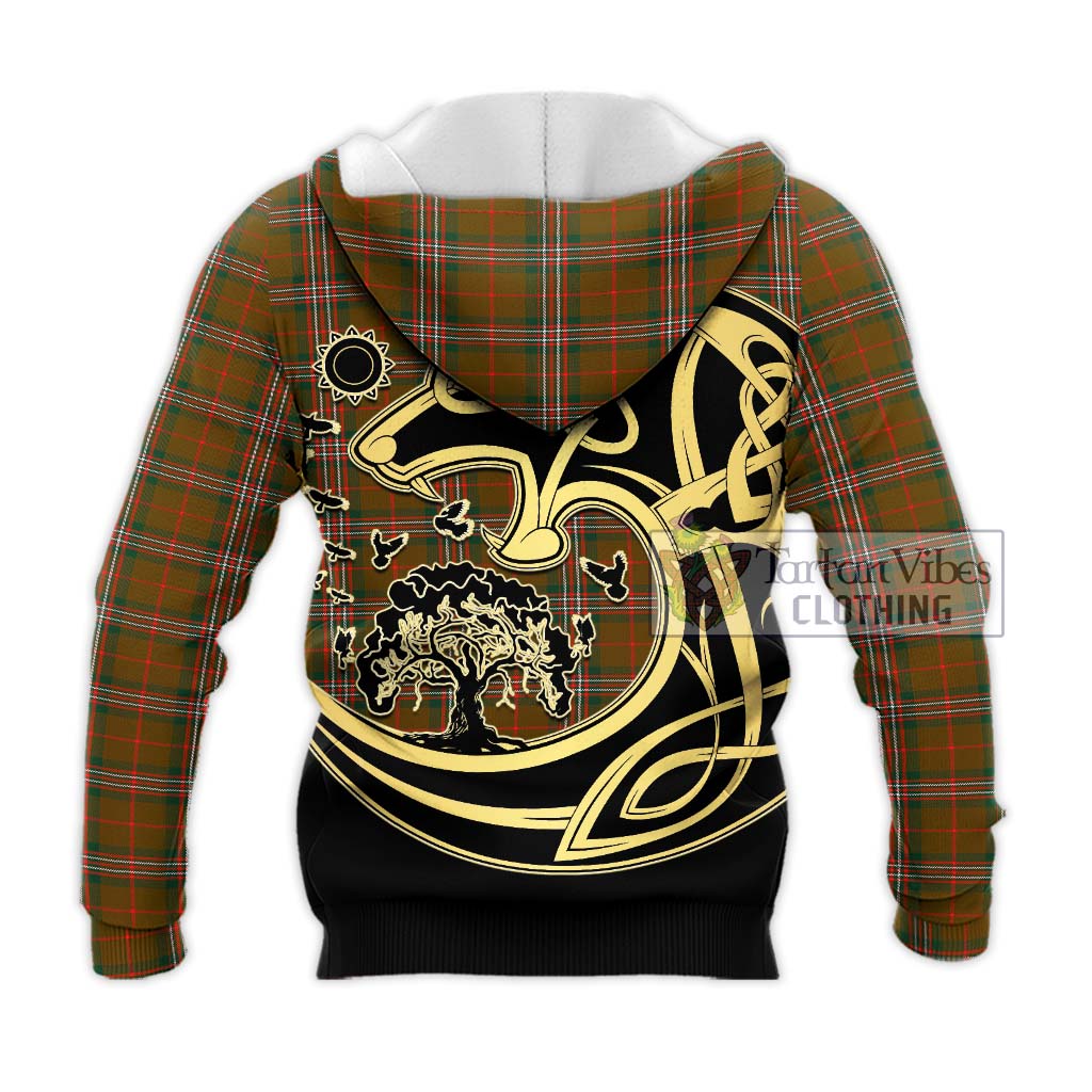 Tartan Vibes Clothing Scott Brown Modern Tartan Knitted Hoodie with Family Crest Celtic Wolf Style