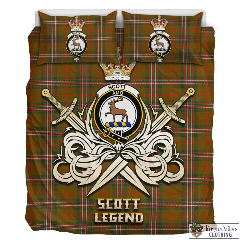 Tartan Vibes Clothing Scott Brown Modern Tartan Bedding Set with Clan Crest and the Golden Sword of Courageous Legacy