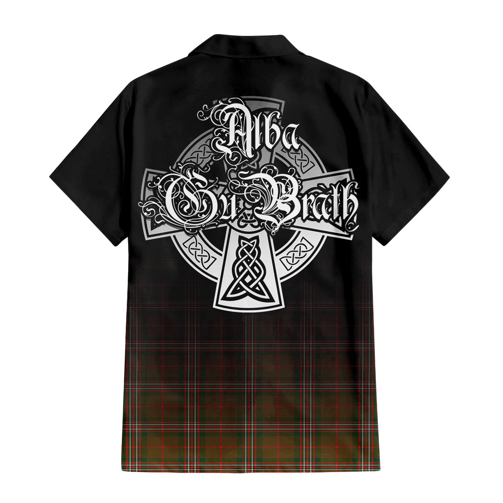 Tartan Vibes Clothing Scott Brown Modern Tartan Short Sleeve Button Up Featuring Alba Gu Brath Family Crest Celtic Inspired