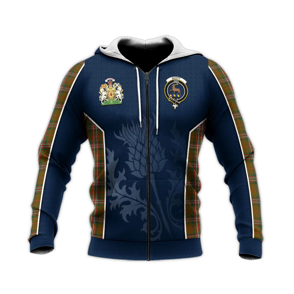 Tartan Vibes Clothing Scott Brown Modern Tartan Knitted Hoodie with Family Crest and Scottish Thistle Vibes Sport Style
