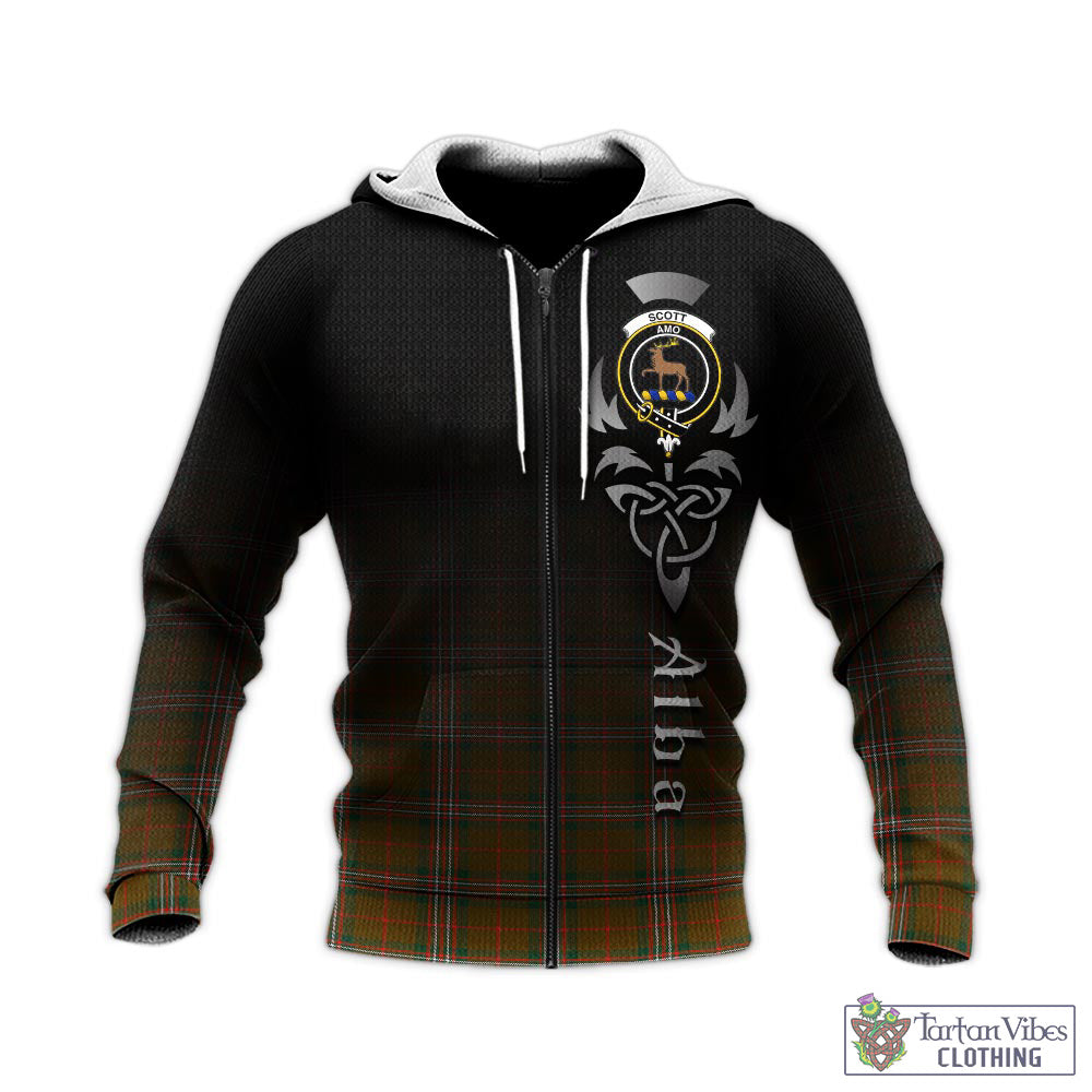 Tartan Vibes Clothing Scott Brown Modern Tartan Knitted Hoodie Featuring Alba Gu Brath Family Crest Celtic Inspired