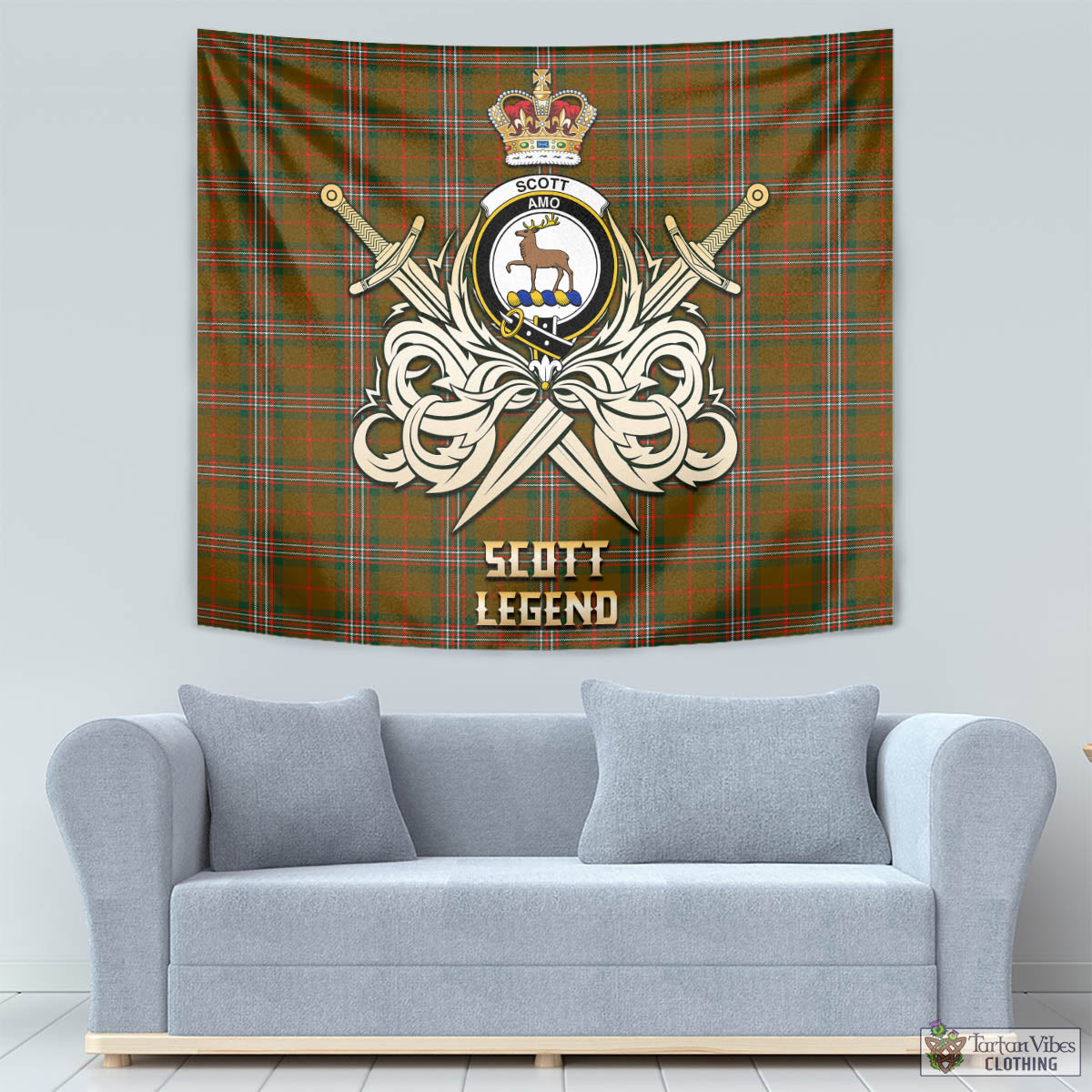 Tartan Vibes Clothing Scott Brown Modern Tartan Tapestry with Clan Crest and the Golden Sword of Courageous Legacy
