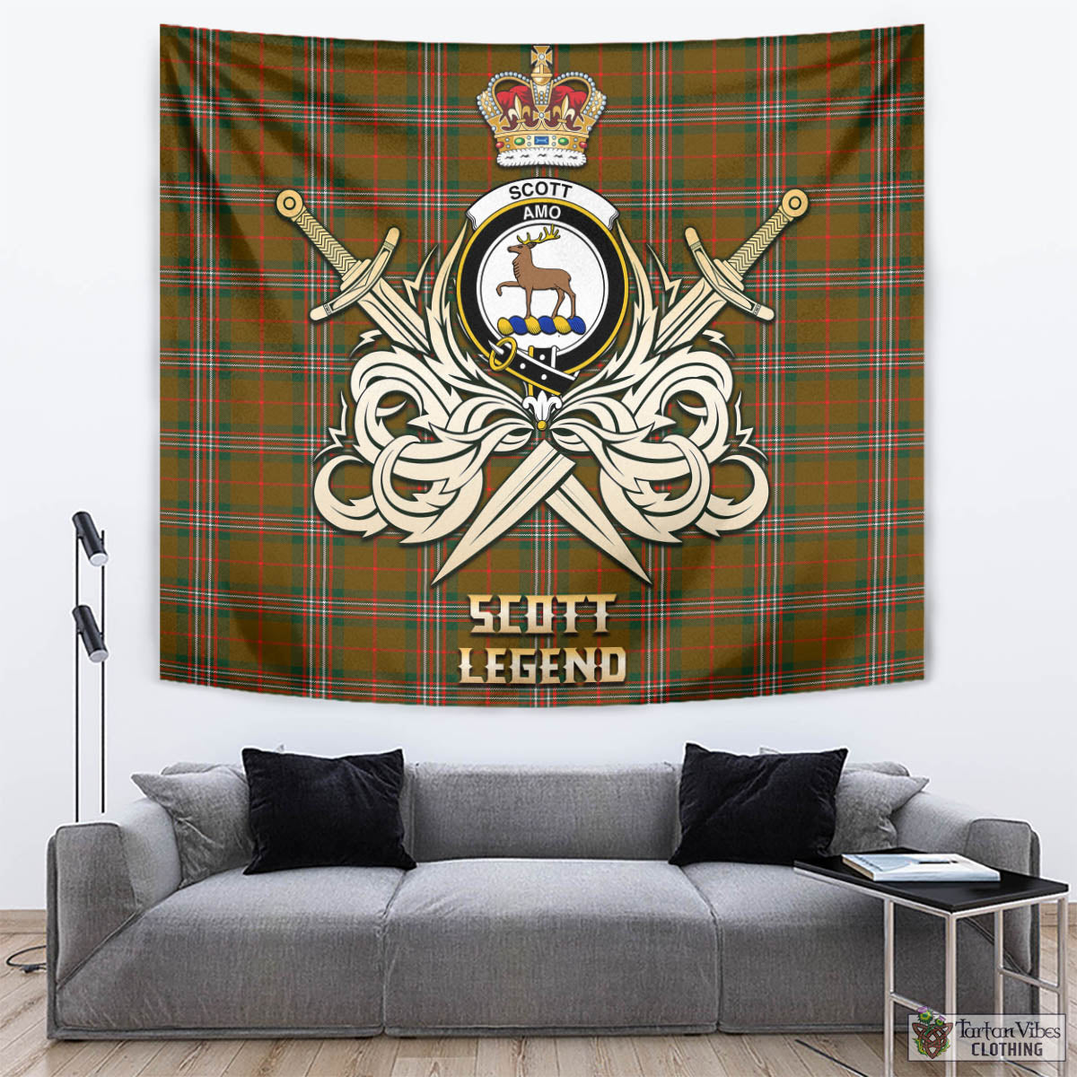 Tartan Vibes Clothing Scott Brown Modern Tartan Tapestry with Clan Crest and the Golden Sword of Courageous Legacy