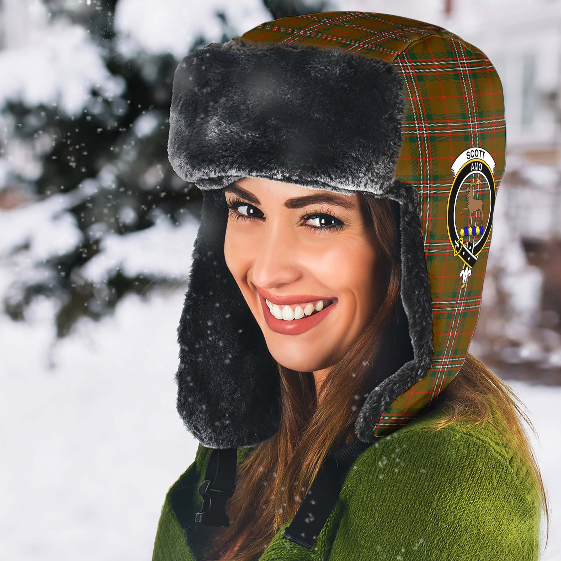 Scott Brown Modern Tartan Winter Trapper Hat with Family Crest - Tartanvibesclothing