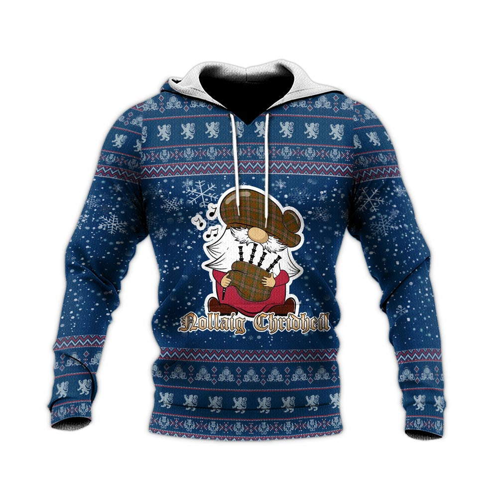 Scott Brown Modern Clan Christmas Knitted Hoodie with Funny Gnome Playing Bagpipes - Tartanvibesclothing