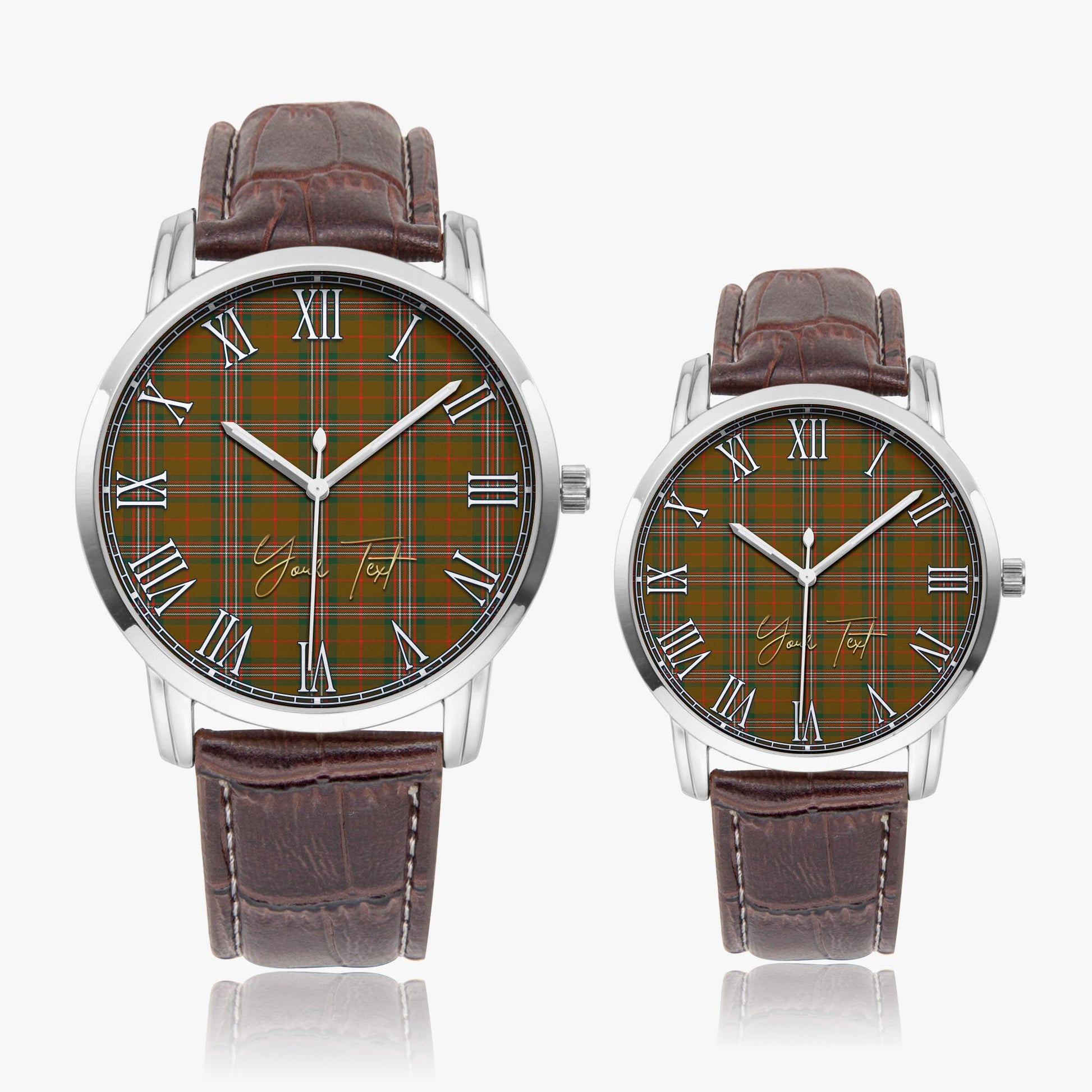 Scott Brown Modern Tartan Personalized Your Text Leather Trap Quartz Watch Wide Type Silver Case With Brown Leather Strap - Tartanvibesclothing