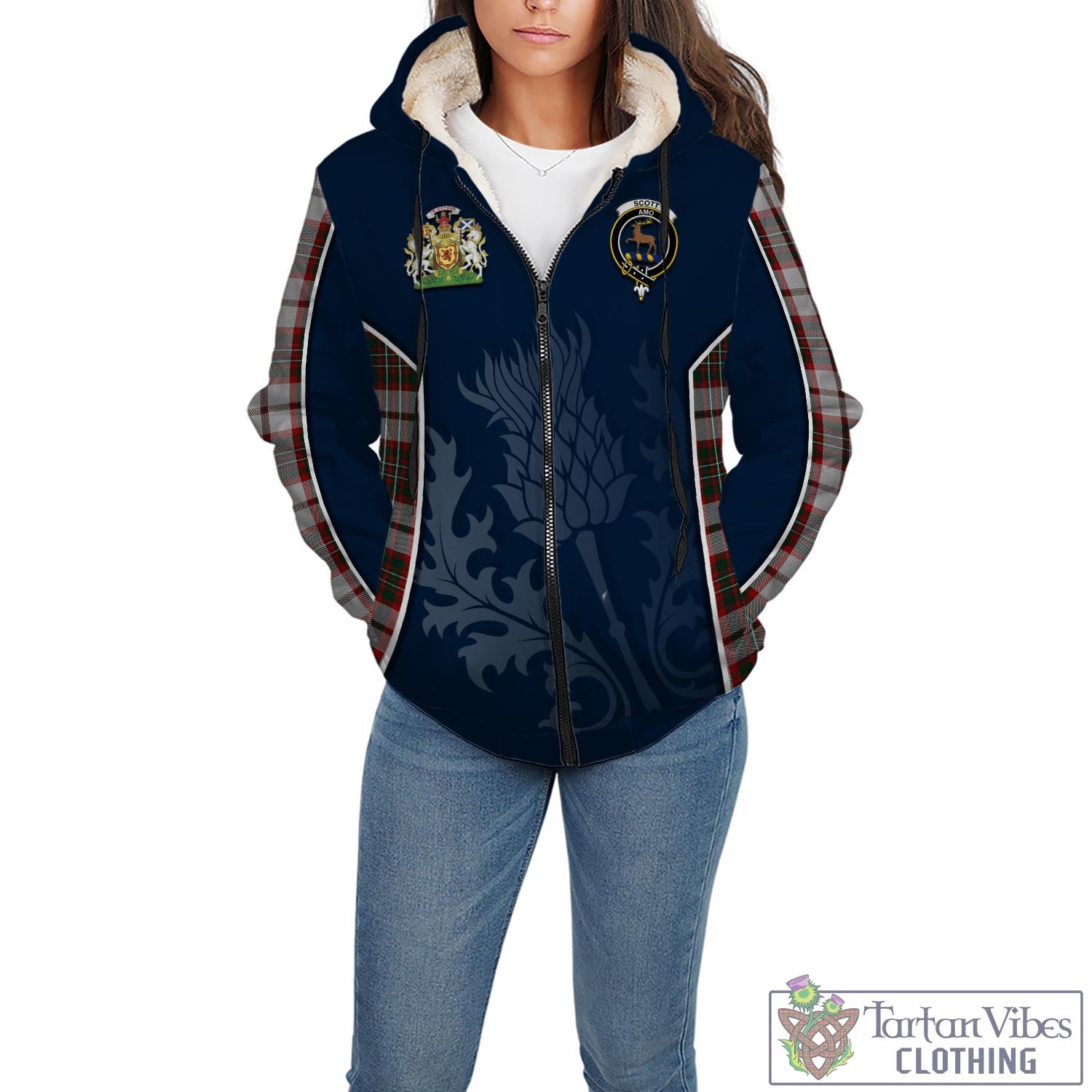 Tartan Vibes Clothing Scott Dress Tartan Sherpa Hoodie with Family Crest and Scottish Thistle Vibes Sport Style