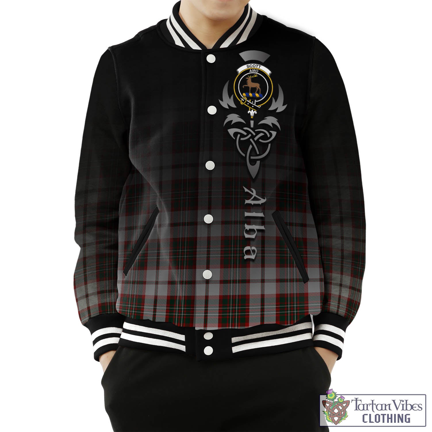 Tartan Vibes Clothing Scott Dress Tartan Baseball Jacket Featuring Alba Gu Brath Family Crest Celtic Inspired