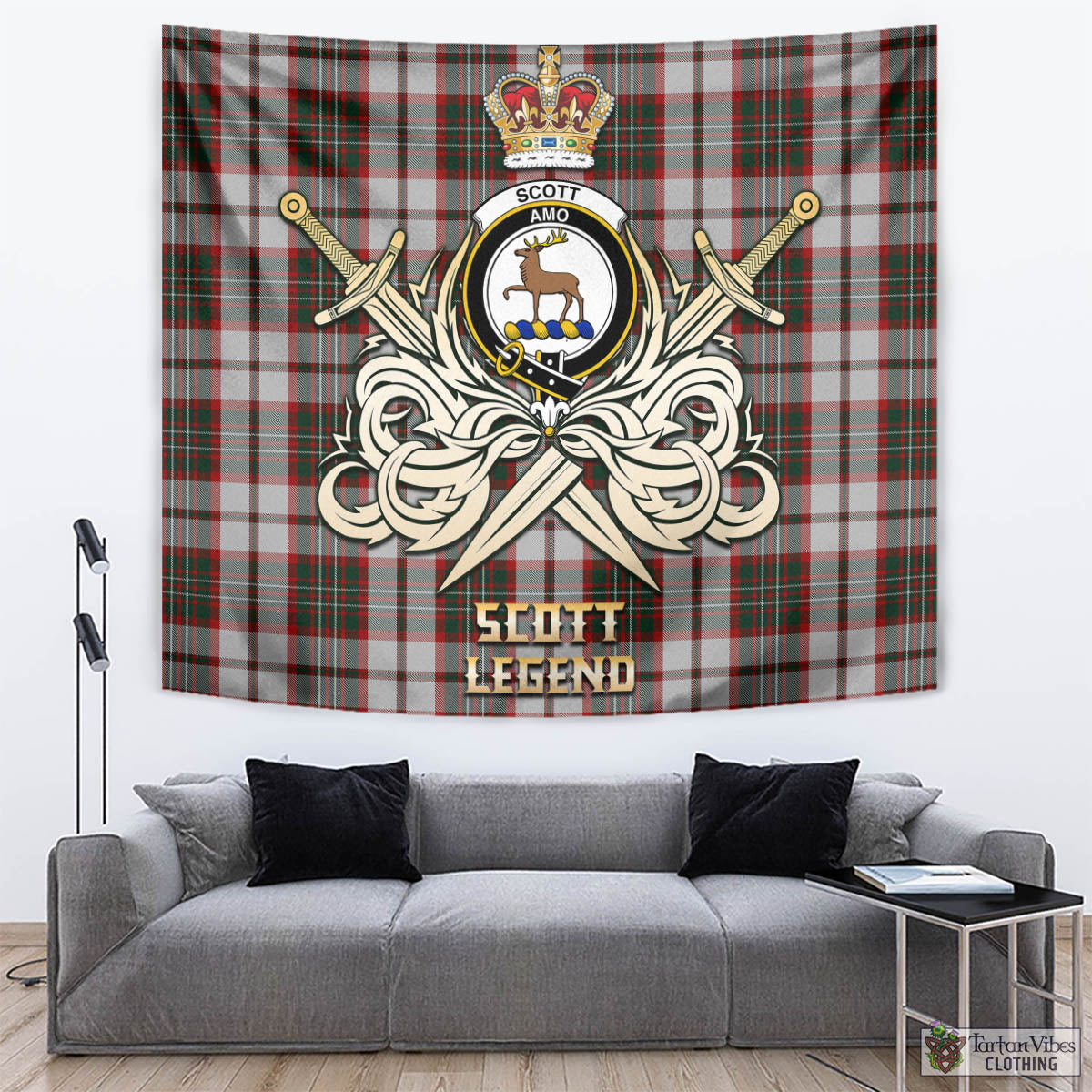 Tartan Vibes Clothing Scott Dress Tartan Tapestry with Clan Crest and the Golden Sword of Courageous Legacy