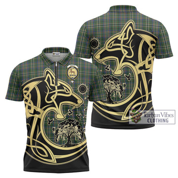 Scott Green Tartan Zipper Polo Shirt with Family Crest Celtic Wolf Style