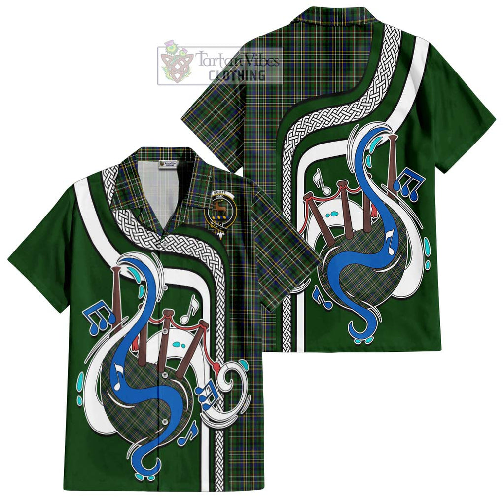 Scott Green Tartan Short Sleeve Button Shirt with Epic Bagpipe Style Kid - Tartanvibesclothing Shop