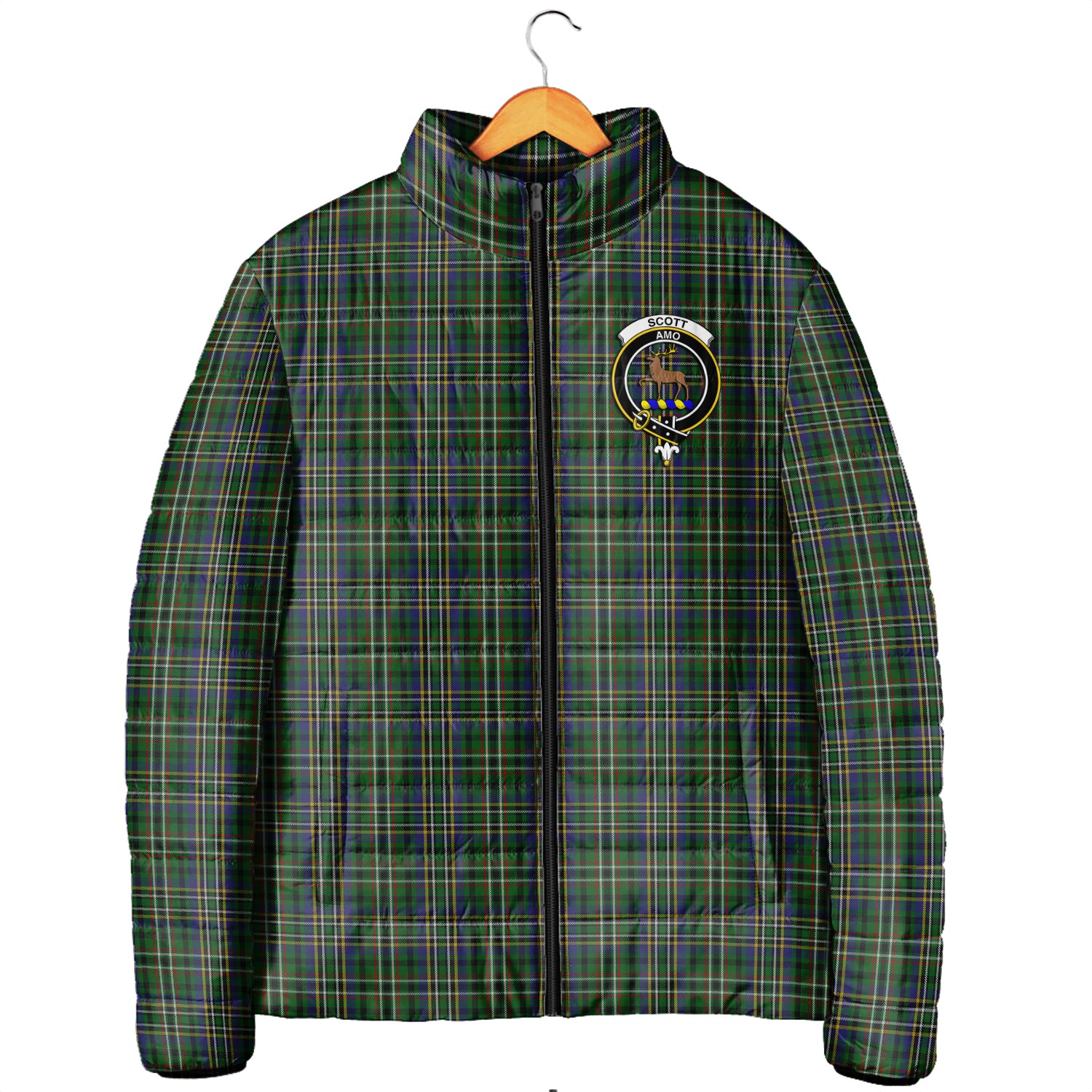 Scott Green Tartan Padded Jacket with Family Crest Men's Padded Jacket - Tartan Vibes Clothing