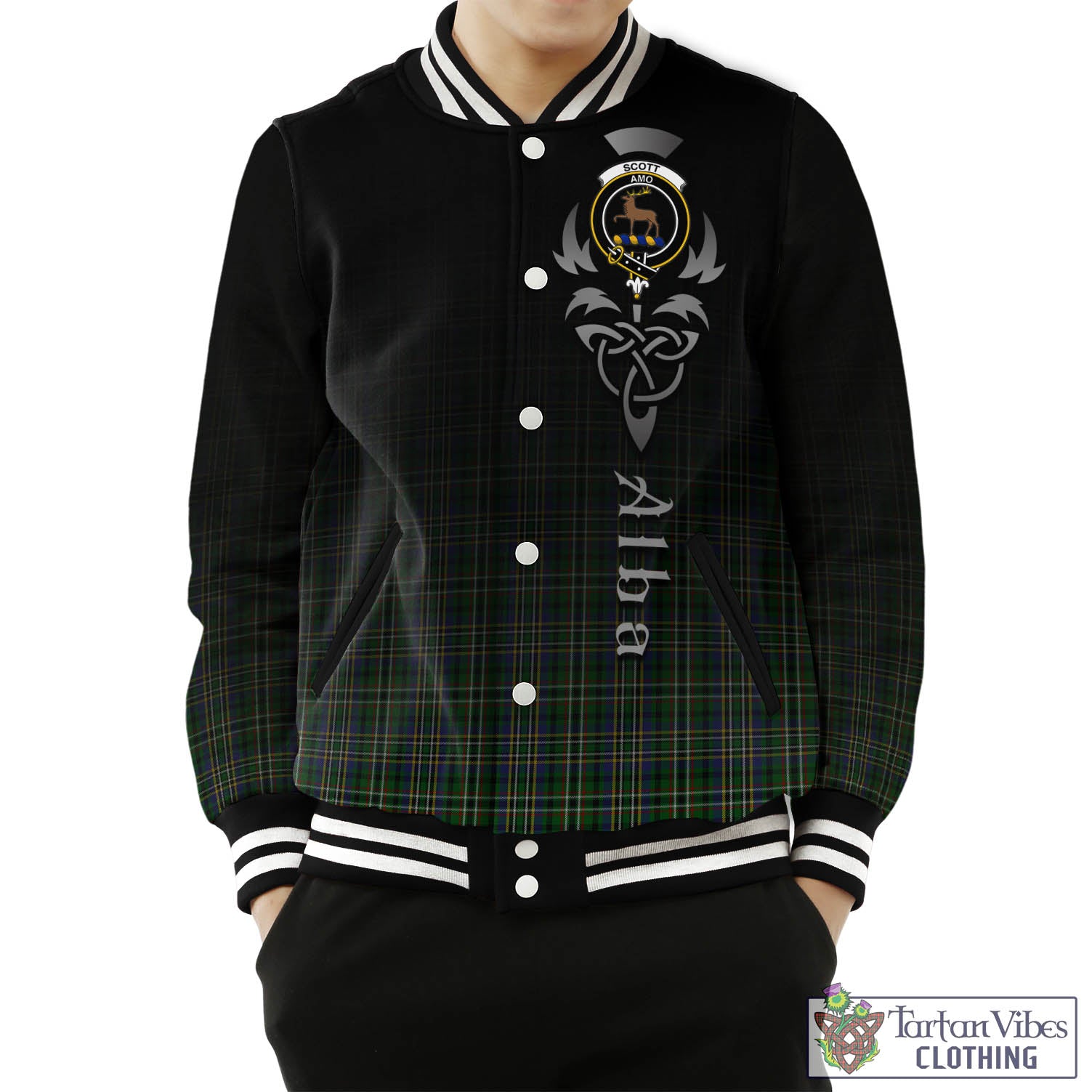 Tartan Vibes Clothing Scott Green Tartan Baseball Jacket Featuring Alba Gu Brath Family Crest Celtic Inspired