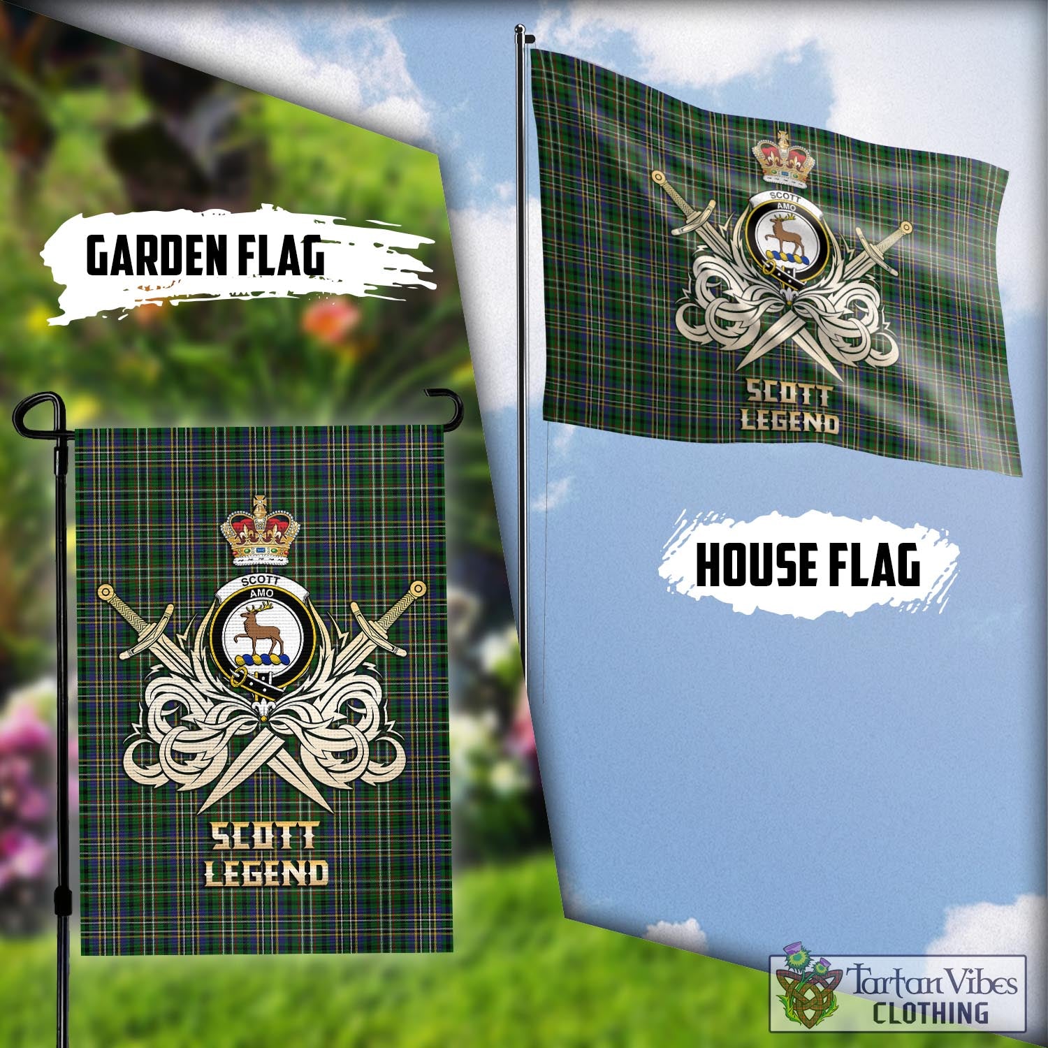 Tartan Vibes Clothing Scott Green Tartan Flag with Clan Crest and the Golden Sword of Courageous Legacy