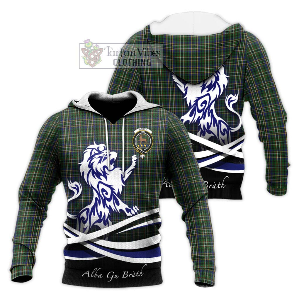 Scott Green Tartan Knitted Hoodie with Alba Gu Brath Regal Lion Emblem Unisex Knitted Pullover Hoodie - Tartanvibesclothing Shop