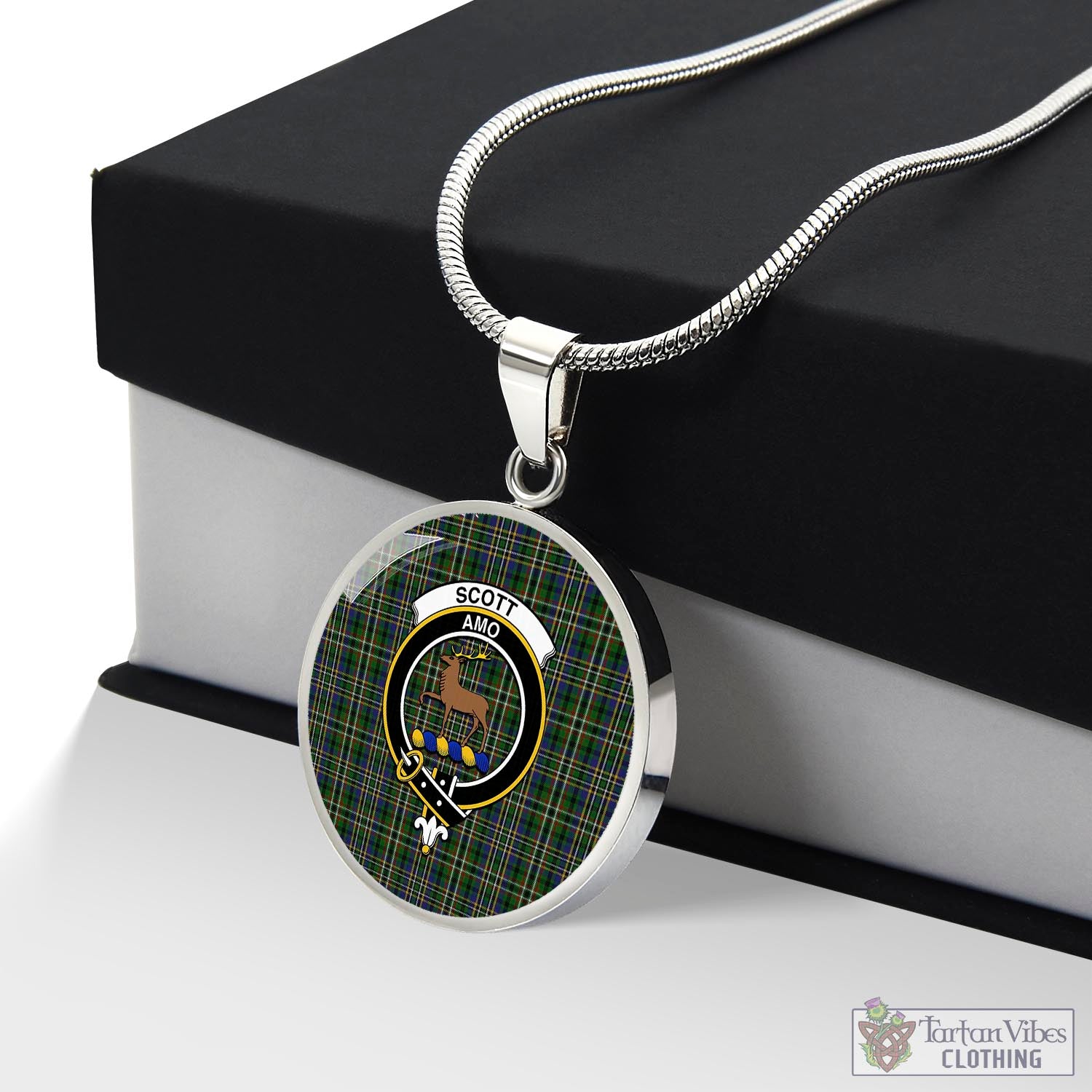 Tartan Vibes Clothing Scott Green Tartan Circle Necklace with Family Crest