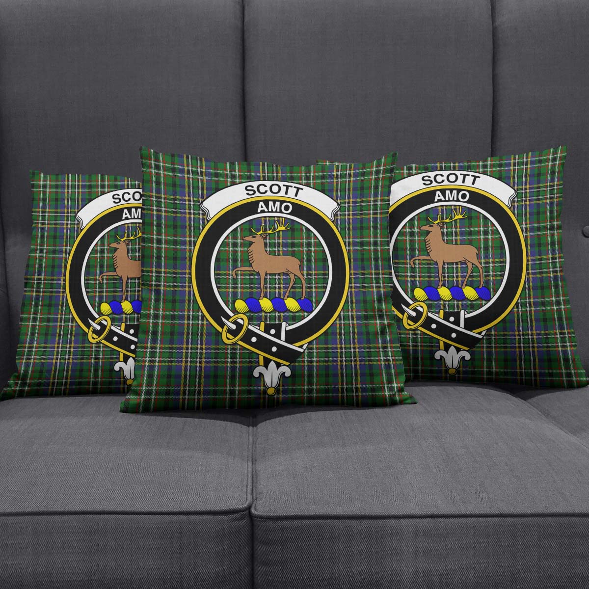 Scott Green Tartan Pillow Cover with Family Crest Square Pillow Cover - Tartanvibesclothing