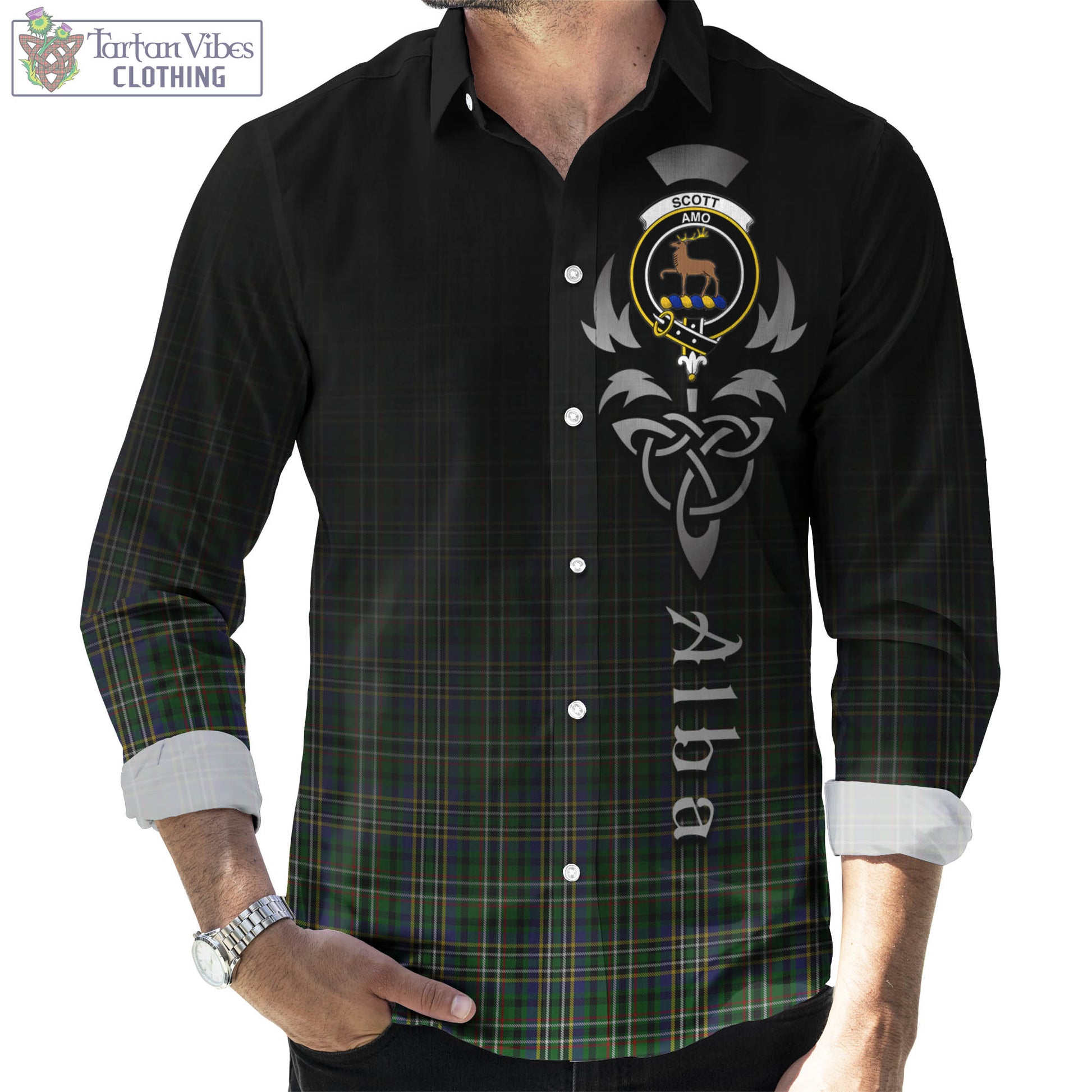 Tartan Vibes Clothing Scott Green Tartan Long Sleeve Button Up Featuring Alba Gu Brath Family Crest Celtic Inspired