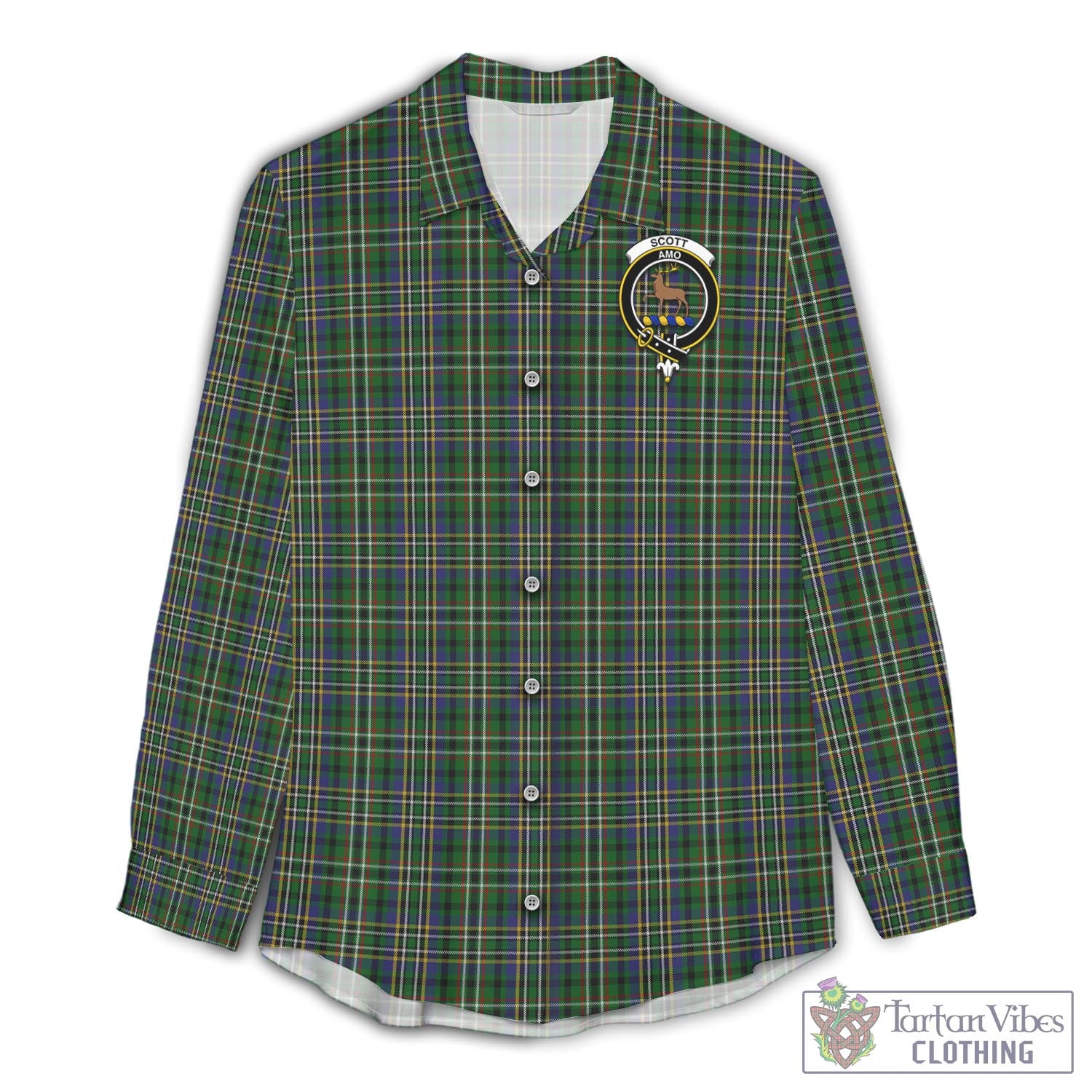 Tartan Vibes Clothing Scott Green Tartan Womens Casual Shirt with Family Crest