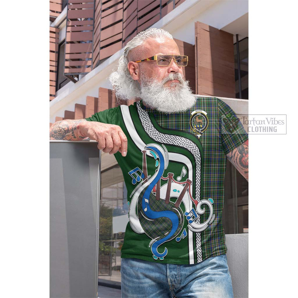 Tartan Vibes Clothing Scott Green Tartan Cotton T-shirt with Epic Bagpipe Style