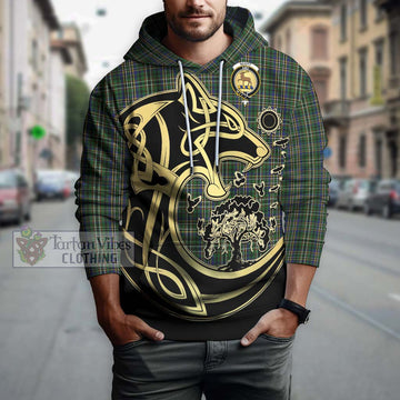 Scott Green Tartan Hoodie with Family Crest Celtic Wolf Style