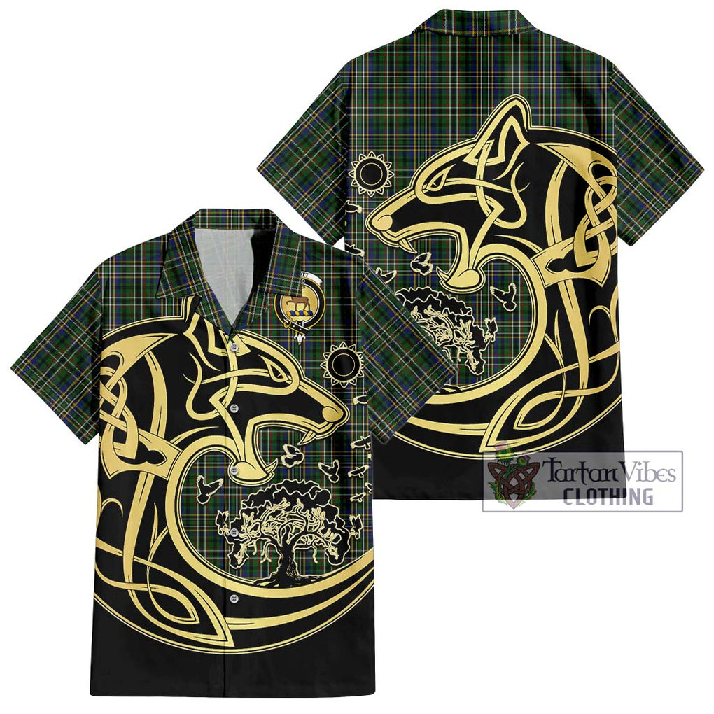 Scott Green Tartan Short Sleeve Button Shirt with Family Crest Celtic Wolf Style Kid - Tartan Vibes Clothing