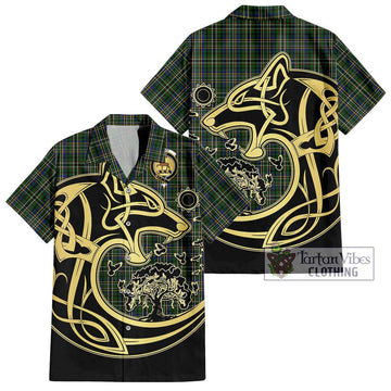 Scott Green Tartan Short Sleeve Button Shirt with Family Crest Celtic Wolf Style