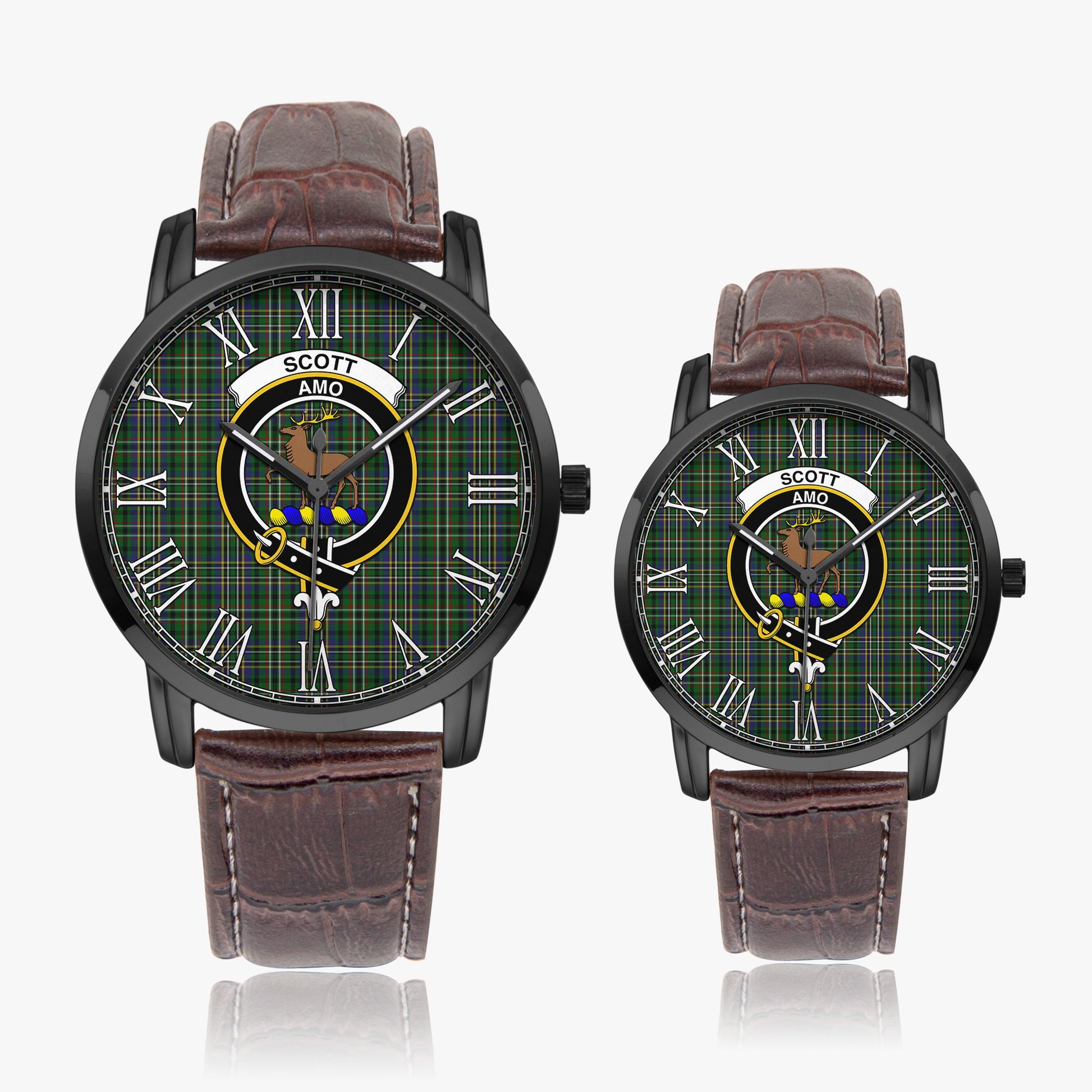 Scott Green Tartan Family Crest Leather Strap Quartz Watch - Tartanvibesclothing