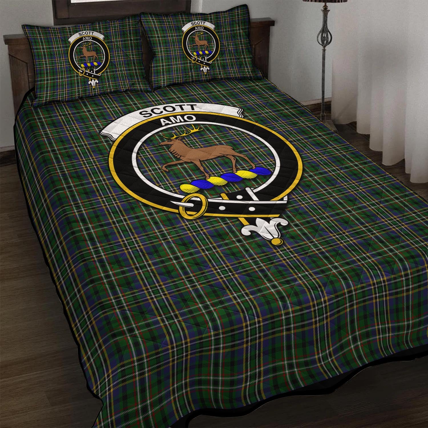 Scott Green Tartan Quilt Bed Set with Family Crest - Tartan Vibes Clothing