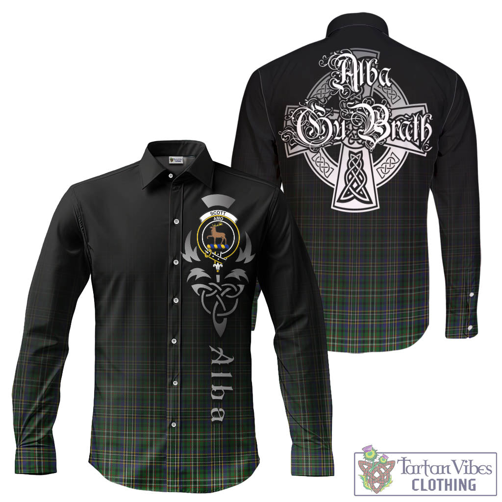 Tartan Vibes Clothing Scott Green Tartan Long Sleeve Button Up Featuring Alba Gu Brath Family Crest Celtic Inspired