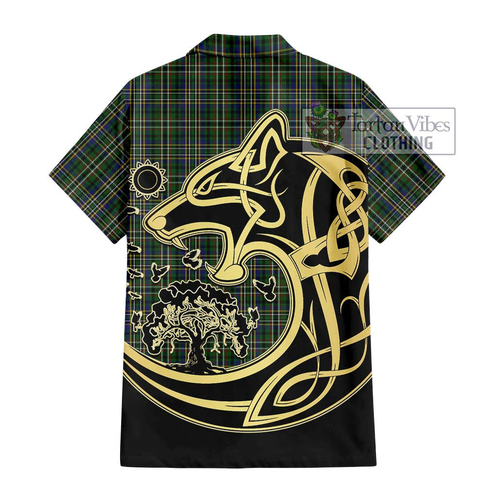 Scott Green Tartan Short Sleeve Button Shirt with Family Crest Celtic Wolf Style - Tartan Vibes Clothing