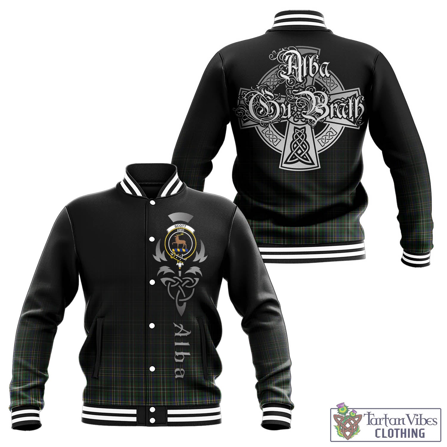 Tartan Vibes Clothing Scott Green Tartan Baseball Jacket Featuring Alba Gu Brath Family Crest Celtic Inspired