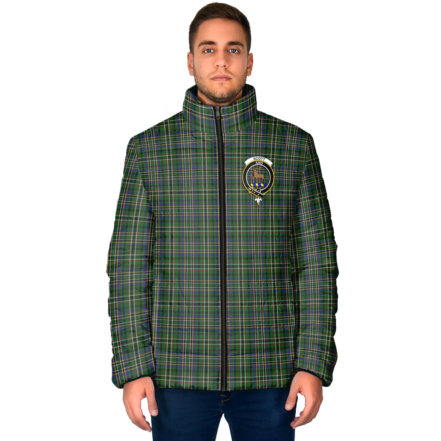 Scott Green Tartan Padded Jacket with Family Crest - Tartan Vibes Clothing