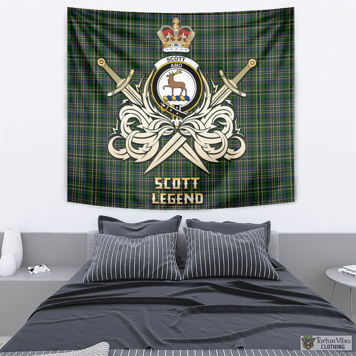 Tartan Vibes Clothing Scott Green Tartan Tapestry with Clan Crest and the Golden Sword of Courageous Legacy