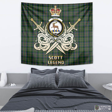 Scott Green Tartan Tapestry with Clan Crest and the Golden Sword of Courageous Legacy