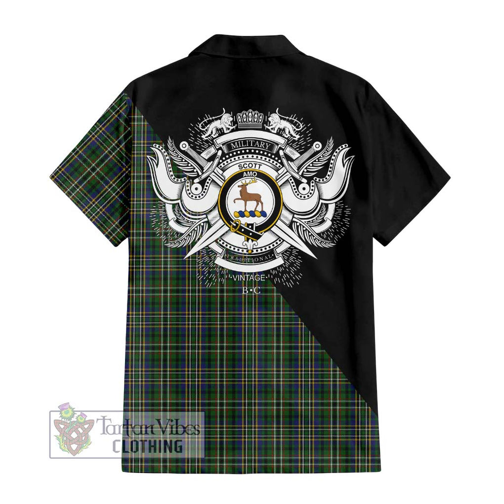 Scott Green Tartan Short Sleeve Button Shirt with Family Crest and Military Logo Style - Tartanvibesclothing Shop