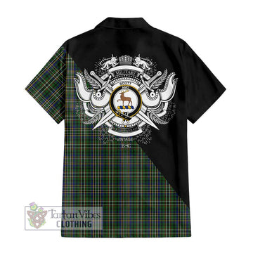 Scott Green Tartan Short Sleeve Button Shirt with Family Crest and Military Logo Style