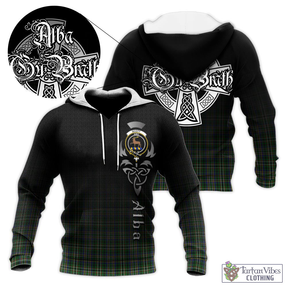 Tartan Vibes Clothing Scott Green Tartan Knitted Hoodie Featuring Alba Gu Brath Family Crest Celtic Inspired