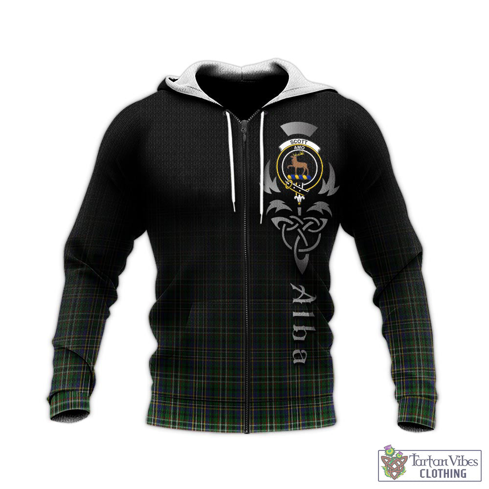 Tartan Vibes Clothing Scott Green Tartan Knitted Hoodie Featuring Alba Gu Brath Family Crest Celtic Inspired