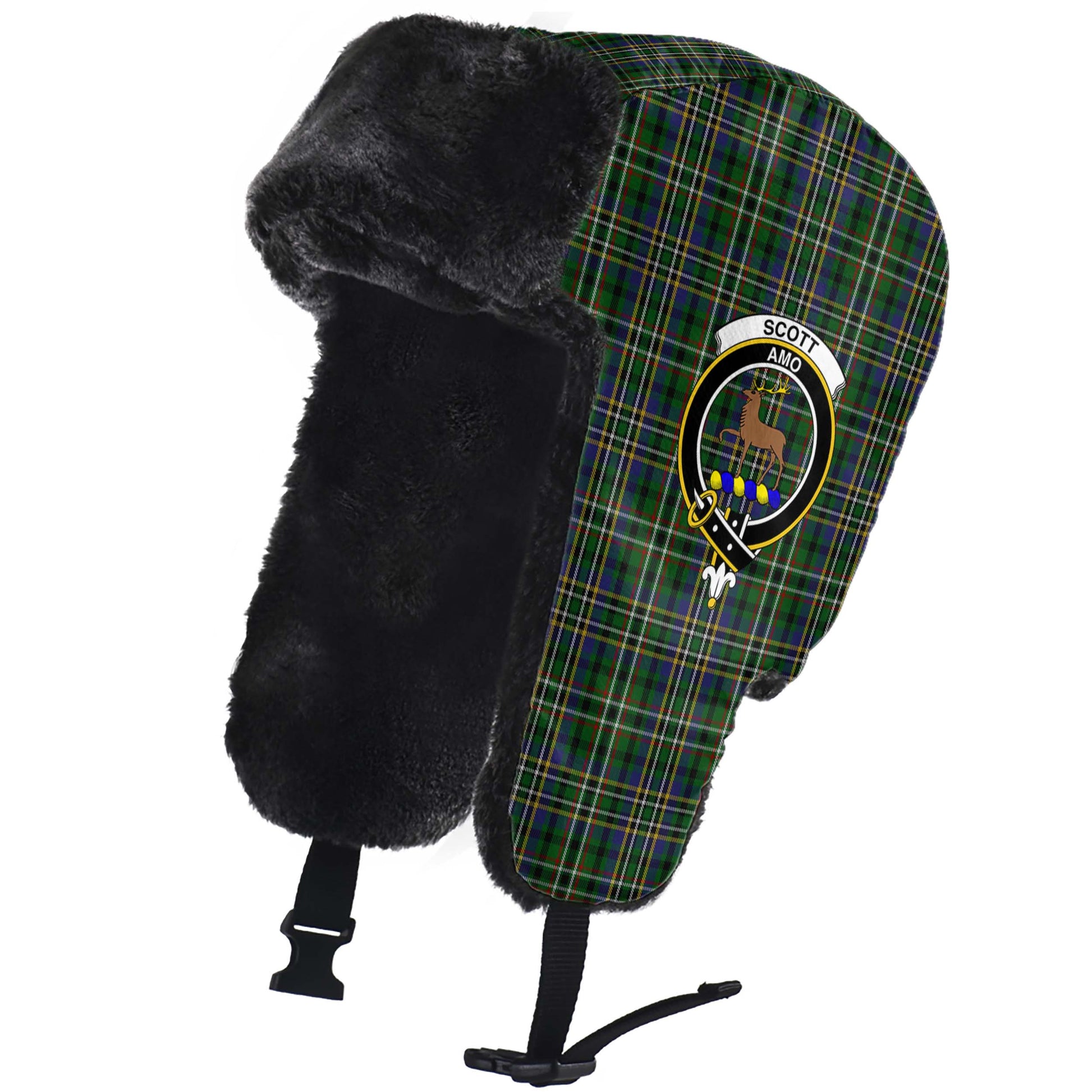 Scott Green Tartan Winter Trapper Hat with Family Crest - Tartanvibesclothing