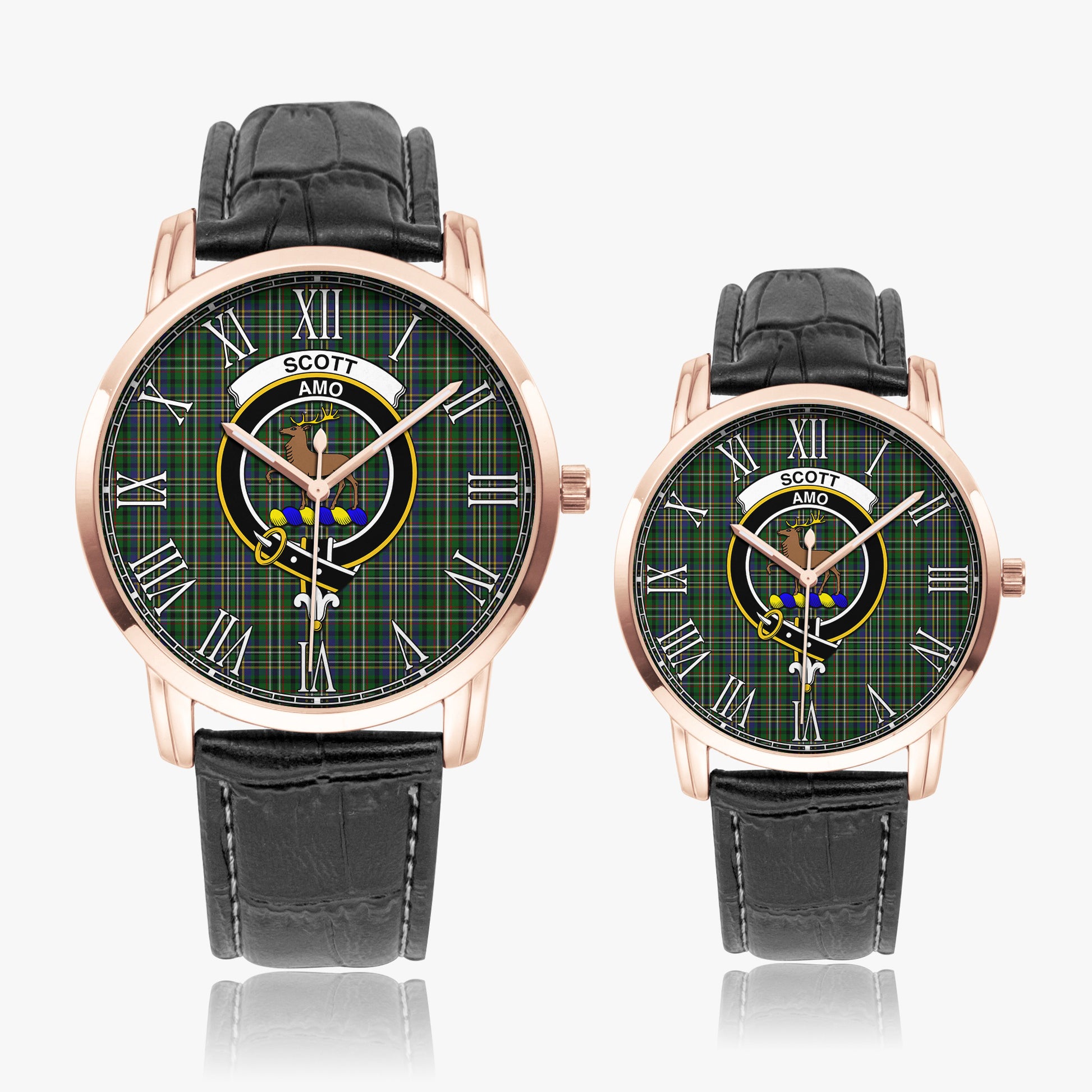 Scott Green Tartan Family Crest Leather Strap Quartz Watch - Tartanvibesclothing